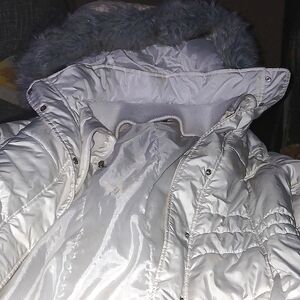 Fur hooded puffed white jacket faded glory